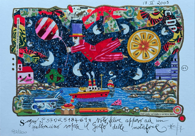 Volo felice appeso ad un palloncino (fondo bianco) | Francesco Musante