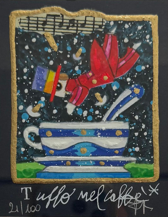 Opera in cornice: Tuffo nel caffè (fondo blu) | Francesco Musante